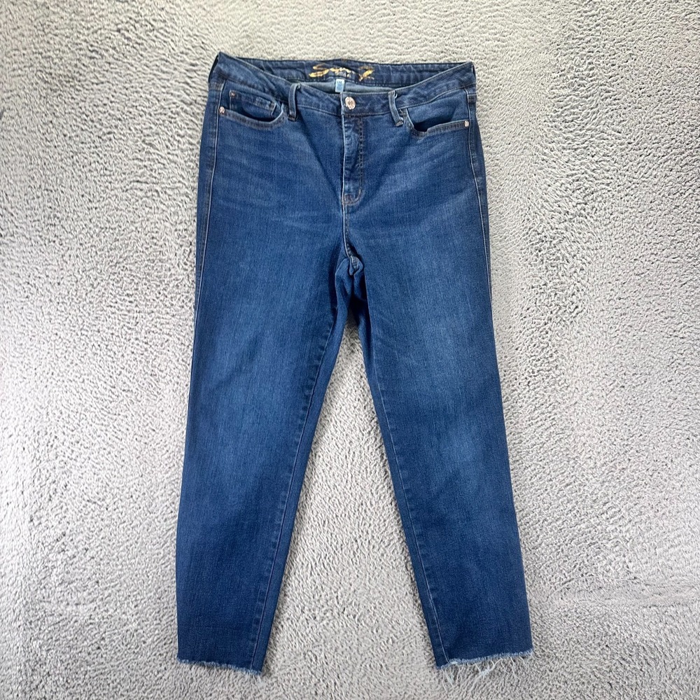 Seven7 Jeans Women's 12 Blue Cotton Denim Boyfriend Faded Frayed Hem Stretch